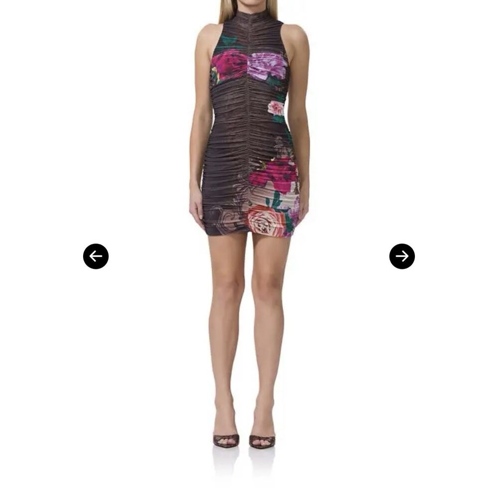 AFRM Ruched Mesh Floral Mini Dress Mock Neck Bodycon Romantic M